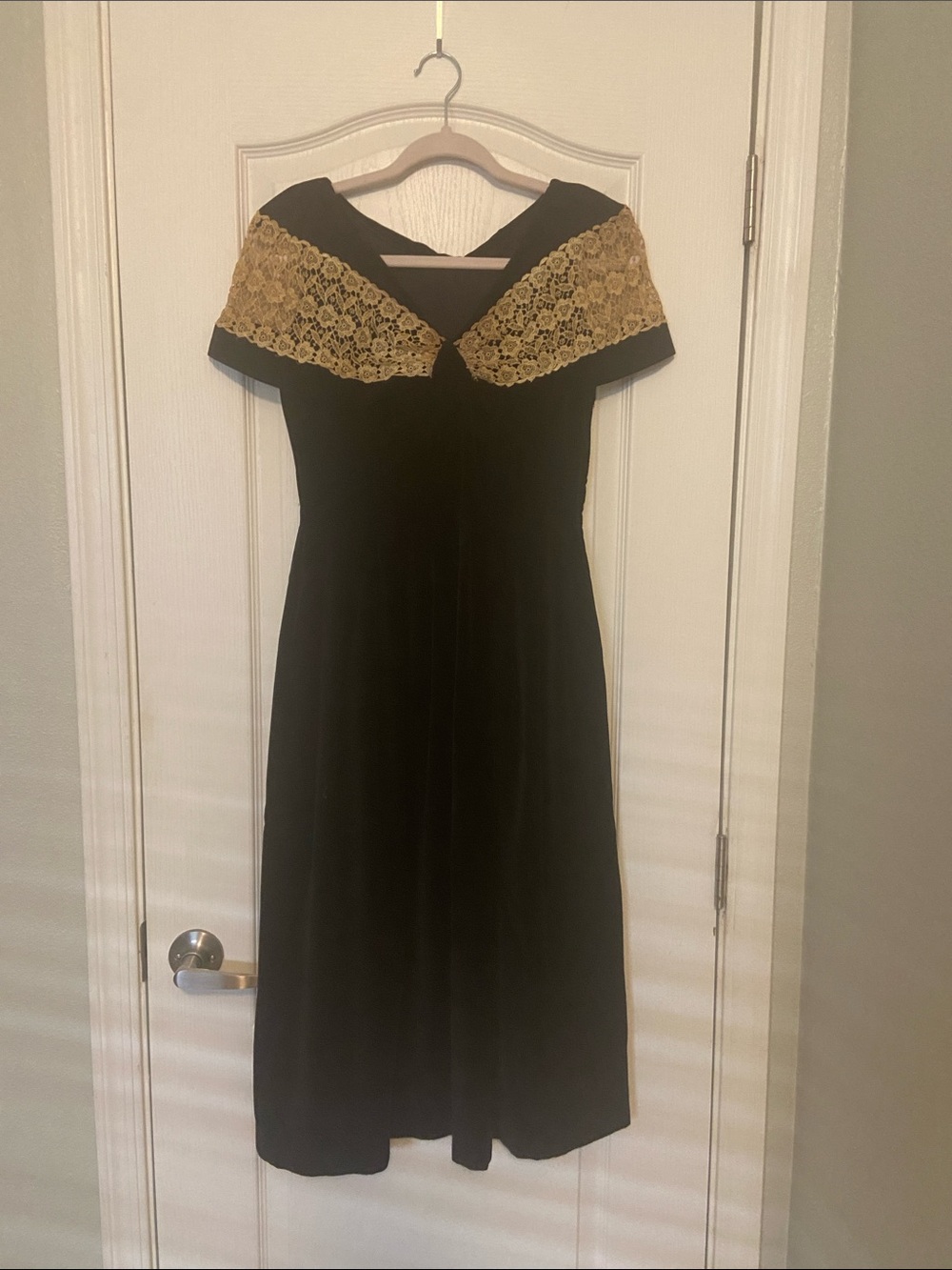 Vintage Black Dress with Beige Lace Off-Shoulder Detail